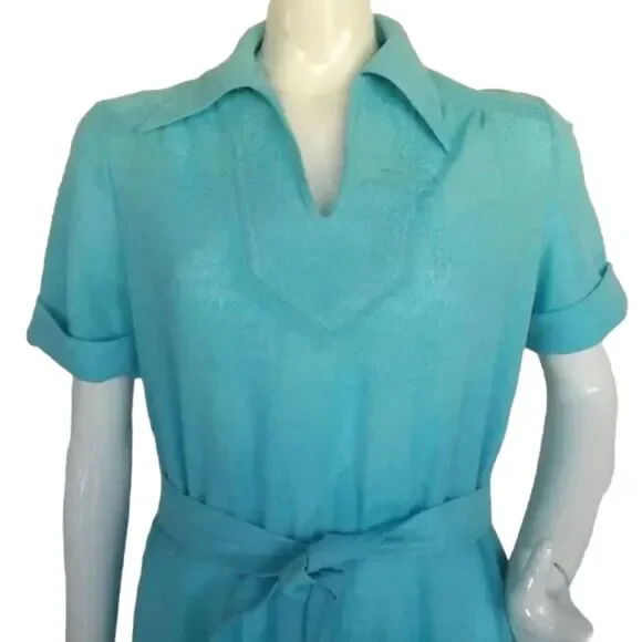 KAY WINSOR Day Dress, L, Aqua Blue, Short sleeves, Dagger collar, VINTAGE - Picture 5 of 13